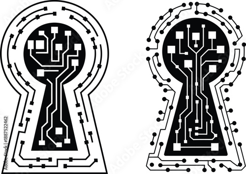 Keyhole icons with integrated circuit board patterns, symbolizing digital security, access, and technology.
