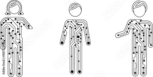 Humanoid figures stylized as circuit boards representing technology connectivity and the integration of digital elements with the human form.
