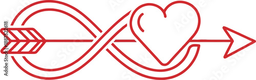 Minimalist red line art illustration depicting an arrow piercing through an infinity loop intertwined with a simple heart outline symbolizing eternal love and commitment