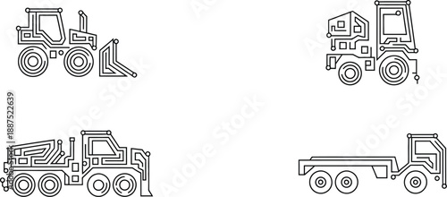 Construction vehicles icons set including a bulldozer a loader and trucks with detailed line art.
