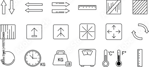 Logistics and packaging symbols icon set with arrows fragile marks weight temperature clock ruler and handling instructions