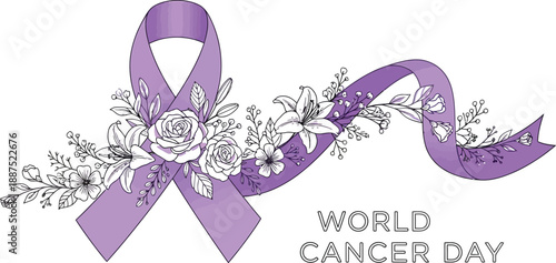 Illustrative purple awareness ribbon adorned with delicate hand drawn floral elements symbolizing hope and solidarity for world cancer day observance