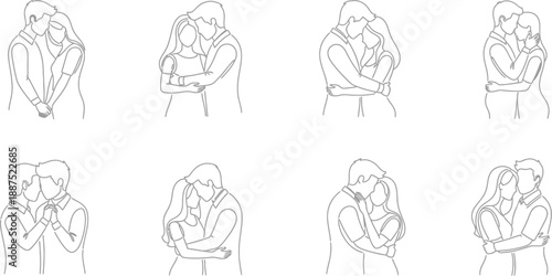 Collection of eight simple continuous line drawings illustrating various romantic couples embracing tenderly in different affectionate poses