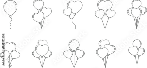 Collection of minimalist black and white line art icons depicting various arrangements of heart shaped and round balloons for romantic celebrations and design elements
