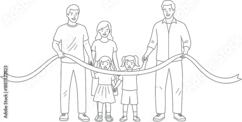 Family of four collaboratively holding a ribbon stretched across them symbolizing a grand opening or important ceremonial event achievement