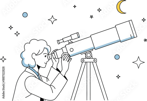 Scientist or astronomer carefully adjusting a large reflecting telescope to observe the crescent moon and distant stars against a bright background