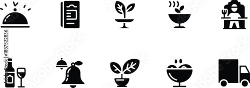 Restaurant and service icons set comprising a bell menu plants ice cream wine and a delivery truck.
