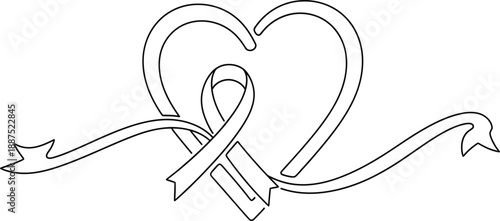 Awareness ribbon entwined within a continuous line heart shape with flowing banner elements representing support and solidarity for a cause