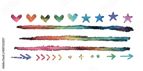 カラフルな水彩風のハート、星、矢印、点線などの装飾的な要素のコレクション