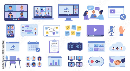 Collection of illustrations depicting various aspects of virtual meetings and online collaboration.