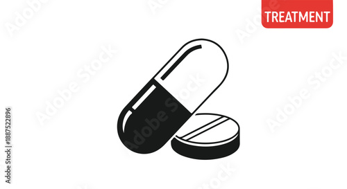 Black and White Vector Icon of Medical Pill and Capsule for Treatment