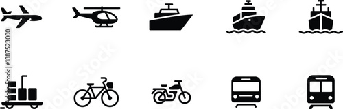 Transportation icons set including airplanes, helicopters, ships, trains, bicycles, and scooters.
