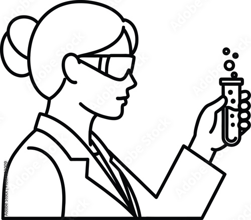 Female scientist wearing protective eyewear observes a bubbling chemical reaction inside a test tube during laboratory research and development work