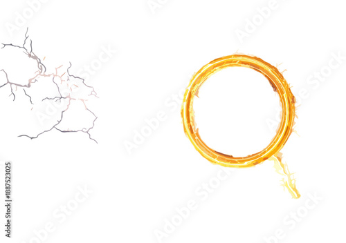 金色の輪と稲妻の閃光が、エネルギーと力の象徴として白い背景に浮かぶ。