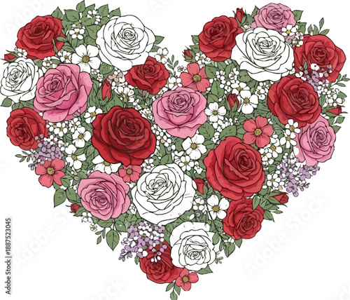 Vibrant bouquet of red pink and white roses expertly arranged into a beautiful heart shape symbolizing everlasting love and romance