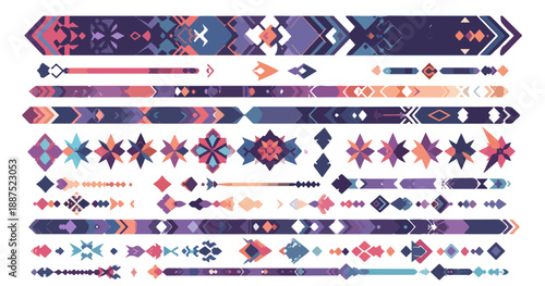 ネイティブアメリカン風の幾何学模様と装飾的なボーダーデザインのセット、背景透過