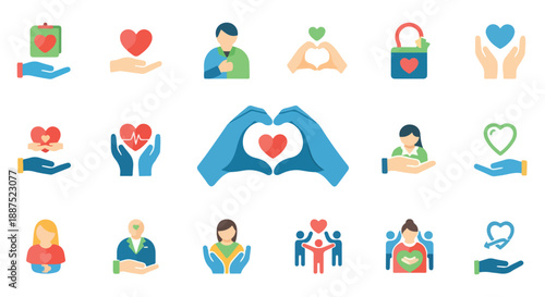 Flat Vector Charity and Donation Icon Set with Hands and Hearts
