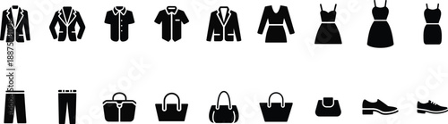 Fashion and clothing icons set displaying various apparel such as suits, shirts, dresses, pants, handbags, and shoes in a solid black style.
