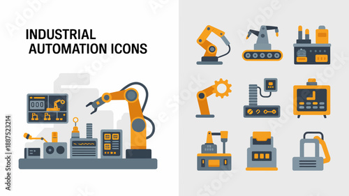 a collection of industrial automation icons depicted in a flat geometric style showcasing robotic arms control panels and factory equipment high quality professional detailed modern elegant