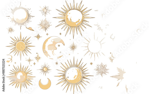 太陽と月、星々、地球のイラストセット。水彩画風の透明感のあるデザインが特徴的で、占いやスピリチュアルなテーマに最適です。