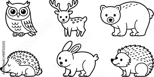 Cute woodland animals illustrations including an owl, deer, bear, hedgehog, and rabbit in a simple line art style.
