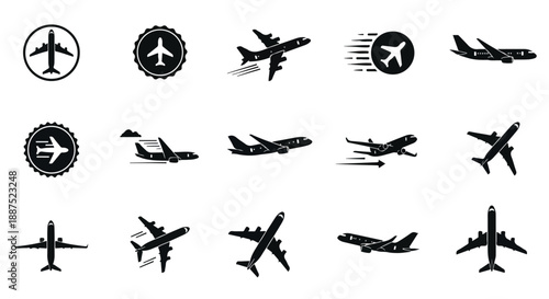 Black Airplane Vector Icons Set on White Background