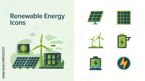 The image showcases a collection of renewable energy icons including solar panels wind turbines batteries and lightning bolts symbolizing sustainable power high quality professional detailed modern