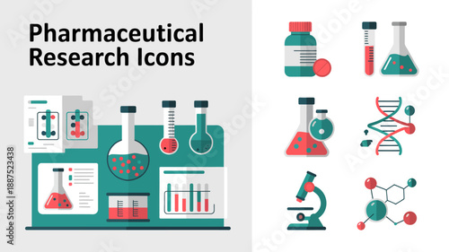 a collection of pharmaceutical research icons depicting beakers test tubes flasks dna strands and microscopes in a flat design style high quality professional detailed modern elegant