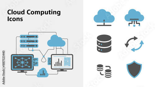 the image displays cloud computing icons representing servers data storage network connections analytics and security measures in a modern design aesthetic high quality professional detailed elegant