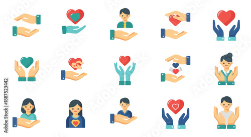 Flat Vector Icon Set of Hands Holding Hearts and People Giving Support