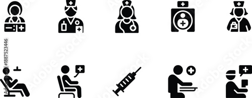 Medical icons set containing healthcare professionals, patients, and medical equipment like syringes and first aid boxes.
