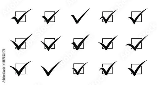 Black Check Mark Vector Icons in Square Boxes Set