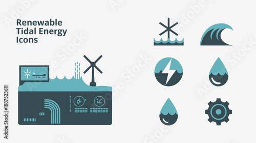 visualizing renewable tidal energy a collection of icons depicting power generation turbines water drops and the mechanism for sustainable energy extraction high quality professional detailed modern