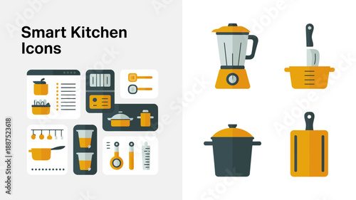a collection of flat design kitchen icons showcases essential cooking tools including a blender pot utensils and appliances in warm color palettes high quality professional detailed