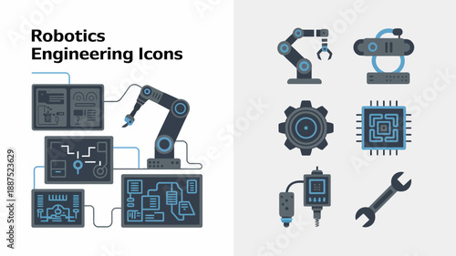 a detailed visual representation of robotics engineering icons showcasing robotic arms circuit boards gears and various automation components in a clean design high quality professional modern
