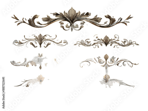 Elementos decorativos vintage estilo acuarela, ornamentos florales y remolinos, diseño transparente.