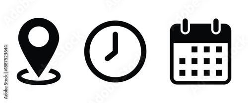 date time location notification icon set. Address, time, calendar bell notification icons collection. Clock, Address location and date Calendar symbol vector.