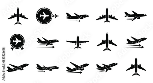 Black Airplane Vector Icons Set on White Background