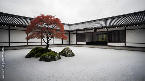 Peaceful Japanese Zen Garden with Red Maple Tree