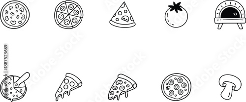 Pizza and Italian food icons set featuring whole pizzas, slices, ingredients, and a pizza oven in a line art style.
