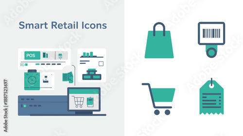 a visual representation of modern retail technology including point of sale systems shopping carts price tags and barcode scanners high quality professional detailed elegant stylish clean