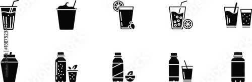 Beverage icons set featuring various drinks like coffee, juice, and bottled beverages in a solid black style.
