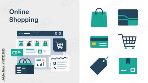 a colorful illustration depicts various elements related to online shopping including a laptop shopping bag credit card and shopping cart high quality professional detailed modern elegant