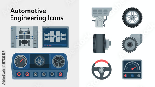 A collection of automotive engineering icons illustrating various car components like tires dashboards and engine parts in a blue color scheme high quality professional detailed modern