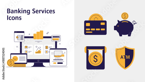 illustrated banking and financial icons display digital wallets credit cards piggy banks atm machines and security shields for monetary services high quality professional detailed modern elegant