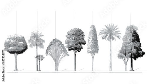 Ilustración detallada de varias especies de árboles dibujados con líneas para uso arquitectónico y de diseño.