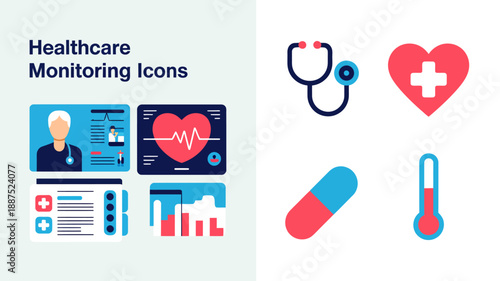 healthcare monitoring icons depicting a doctor heart rate medical charts pills thermometer and a stethoscope for health and wellness visuals high quality professional detailed modern elegant