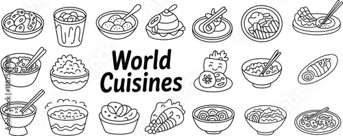 A collection of diverse world cuisine dish icons presented in a line art style, celebrating global culinary traditions.
