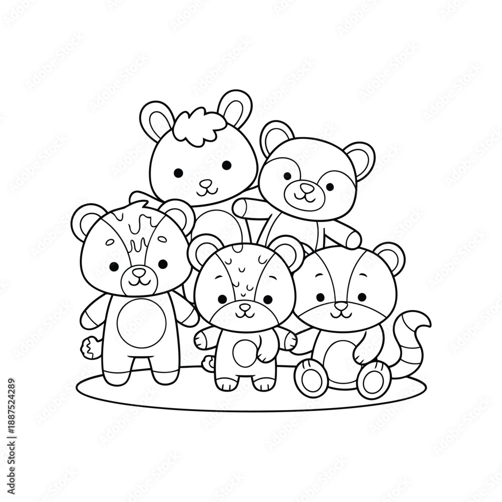 Obraz premium Cute cartoon animal characters, a group of little bears drawn in simple outlines, perfect for coloring pages