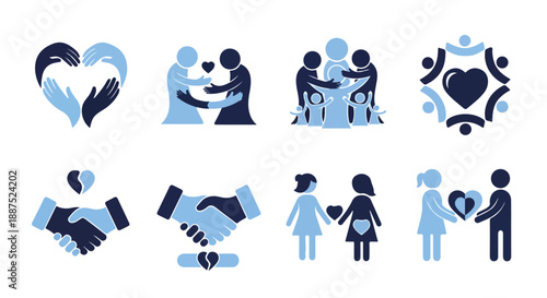Blue and Dark Blue Vector Icons of People, Hands, and Hearts Symbolizing Unity and Support